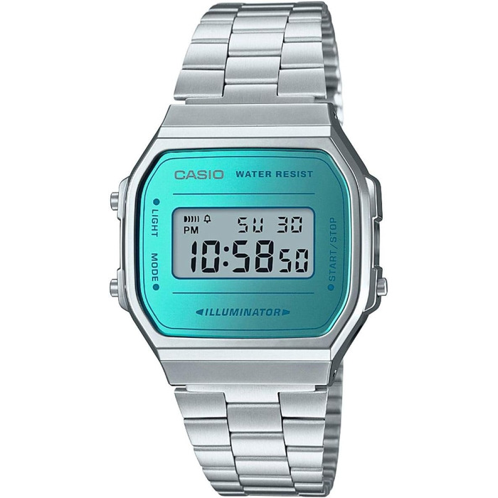 Цифровий кварцовий годинник Casio Unisex зі сталевим ремінцем (Срібний/Синій)