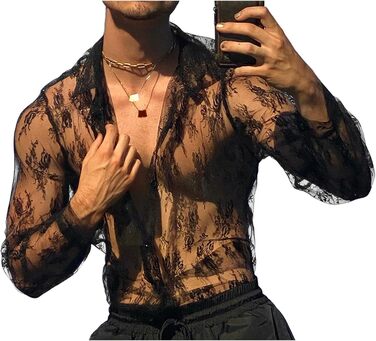 Чоловіча прозора сорочка Detten: мереживна футболка з довгим рукавом, сексуальна клубна сорочка, чорний колір, універсальний розмір (L)