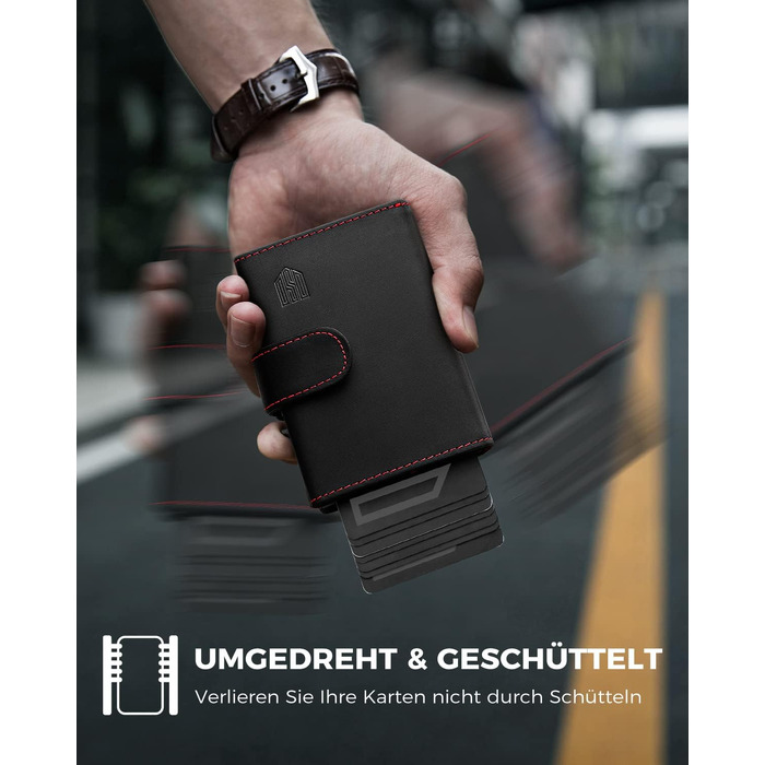 Чоловічий RFID гаманець-картхолдер DODENSHA з автоматичним pop-up механізмом, відділенням для монет та вікном для ID, алюмінієвий (Чорний-червоний)