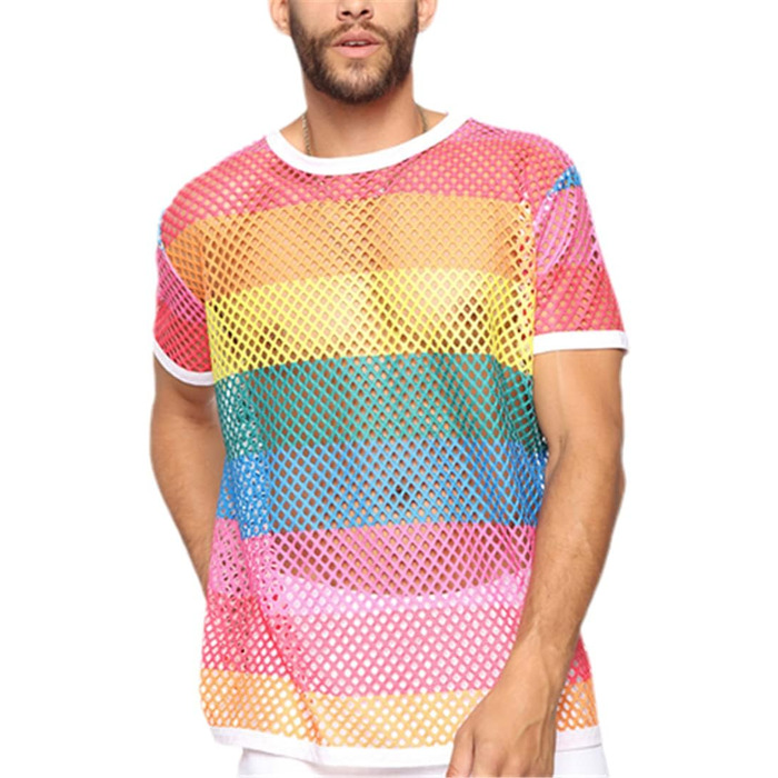 Чоловіча прозора футболка з сіткою, сексуальний топ для вечірок, нічного клубу, футболка з принтом (XXL, райдужна футболка)
