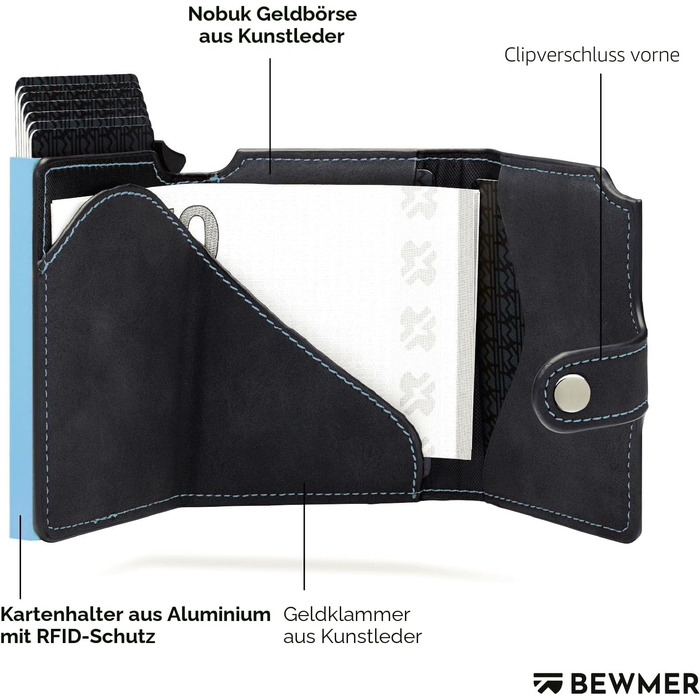 Слім-гаманець BEWMER v2 з RFID-захистом та монетницею для чоловіків та жінок, картхолдер з антиклонінгом для купюр та 9 кредитних карток (чорно-блакитний)