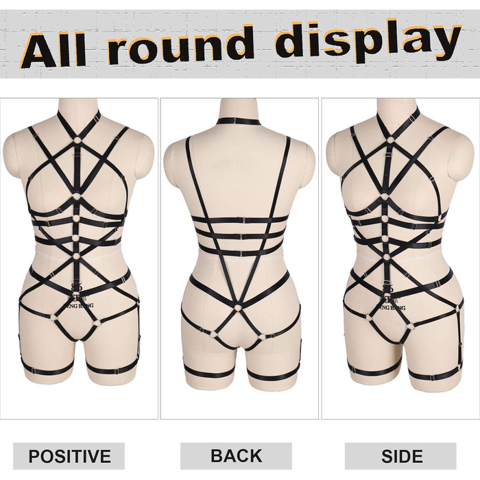 Комплект корсет, бра та стрінг з ремінцями для тіла, чорний, готичний стиль