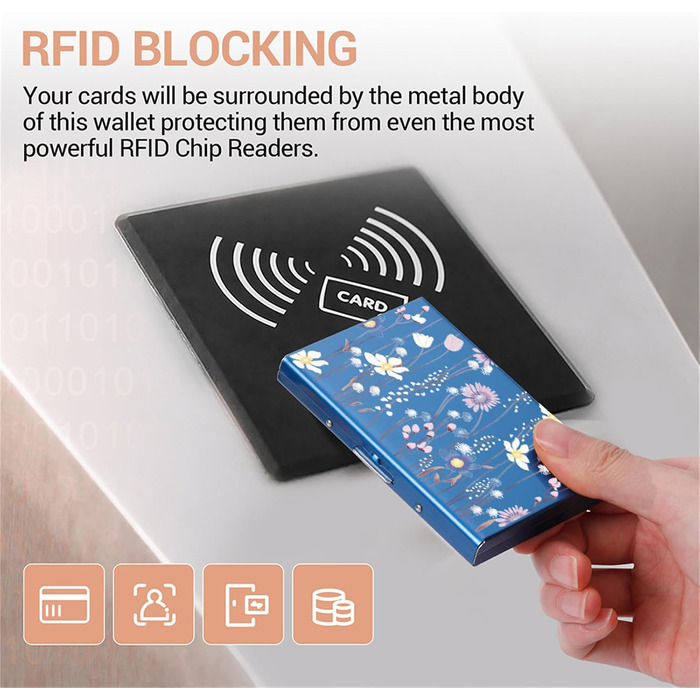 Стильний металевий картхолдер з RFID-захистом від скімінгу, ультратонкий гаманець для карт на 6 слотів, синій з квітковим принтом, унісекс