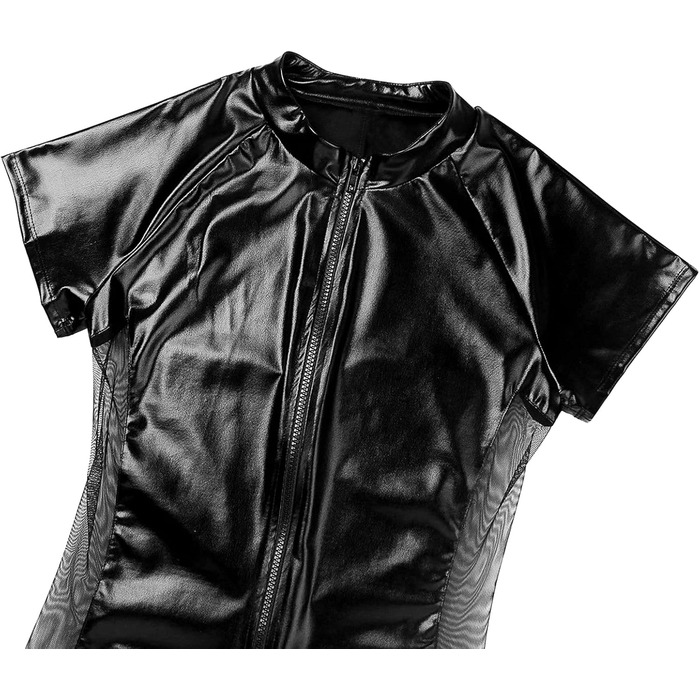 Боді з екошкіри для чоловіків Maeau, блискучий catsuit, леотард, комбінезон, клубний одяг, костюм, шкіряні шорти, мокра шкіра, жилет для Хелловіну, косплей (Чорний, 42)