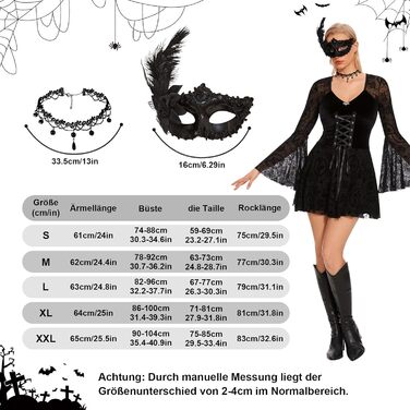 Сукня готична для жінок Herenear, мереживна чорна сукня - з масками та намистом, костюм на Хелловін/Карнавал, ретро середньовічна сукня вампіра, костюм для косплею, коротка чорна сукня XL