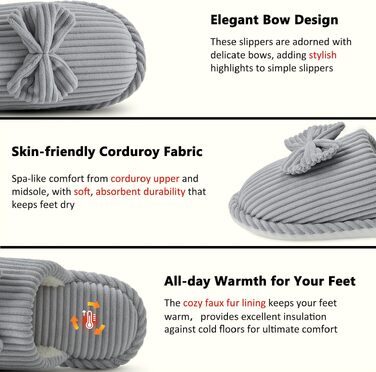 Жіночі зимові капці Coswind з ефектом пам'яті Memory Foam, плюшева підкладка та вельветовий верх, світло-сірі (розмір 40.5/42 EU)