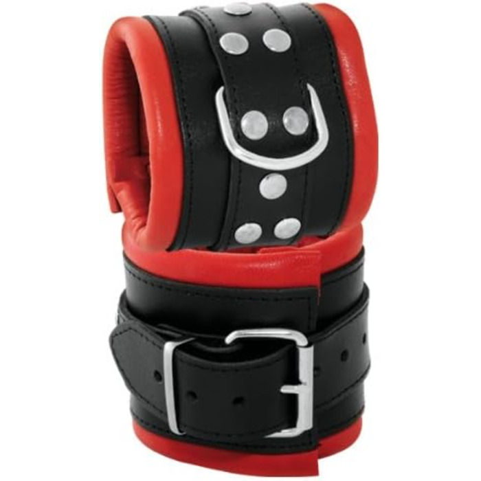 Набір для фіксації Bondage з широкими ремінцями 8 см, шкіра, з м'якою підкладкою (ручні та ножні кайдани + нашийник), червоно-чорний колір, преміум-якість