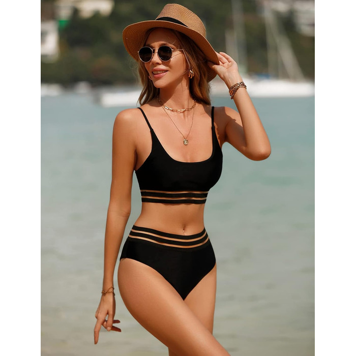 Спортивний двочастинний купальник-бікіні з сіткою для жінок. Push-up, висока талія, чорний.