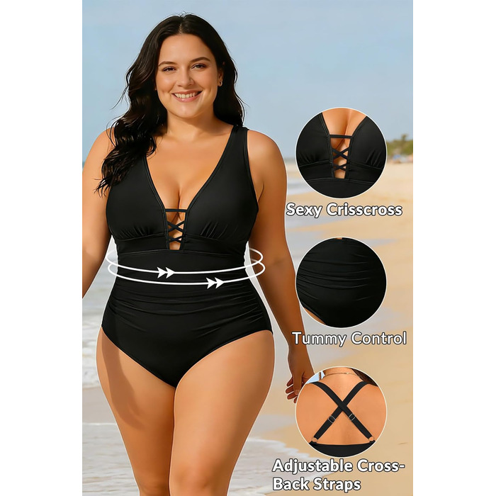 Купальник суцільний жіночий Yonique Plus Size, корейка з шнурівкою, V-подібний виріз, слімінг ефект, чорний