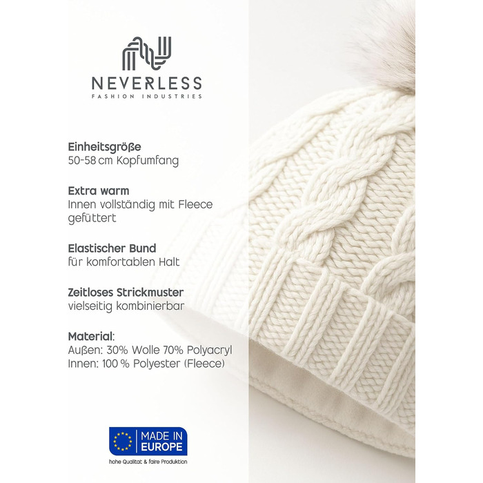 Жіноча зимова в'язана шапка Neverless з флісовою підкладкою та помпоном із штучного хутра, модель 2207, колір Caren Creme (універсальний розмір)