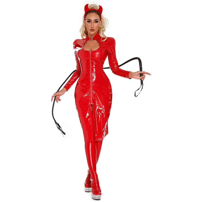 Сукня з латексу для жінок, червона, 3XL. Комплект з 4 частин: сукня, латексні панчохи, аксесуари. Еротичний костюм, мокрі ефекти, довгі рукави, лак та шкіра.