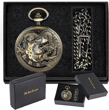 Механічний кишеньковий годинник Tiong Vintage Steampunk зі скелетоном, римськими цифрами та ланцюжком (бронза, чорний) — подарунковий набір з коробкою