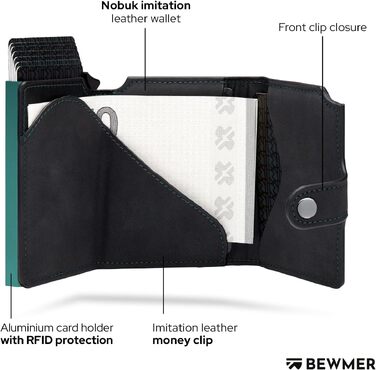 Слім-гаманець BEWMER v2 з монетницею та RFID-захистом для чоловіків та жінок, картхолдер з антиклонінгом на 9 карток та відділенням для купюр (Чорний-бірюзовий)
