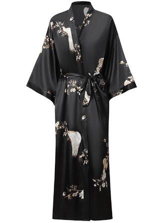 Жіночий халат з довгим рукавом з шовку, сатин, кімоно, квітковий принт, чорний, універсальний розмір