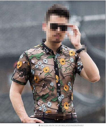 Чоловіча сорочка Deepsko з прозорим дизайном, мереживом та квітковою вишивкою, жовта, літня, з короткими рукавами