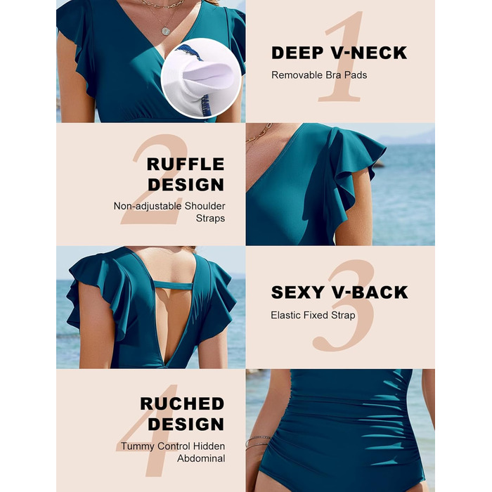 Жіночий купальник Yuson Girl з рюшами, V-подібним вирізом, корегуючим ефектом та підтримкою грудей, монокіні, висока талія (Pfauenblau, XXL)