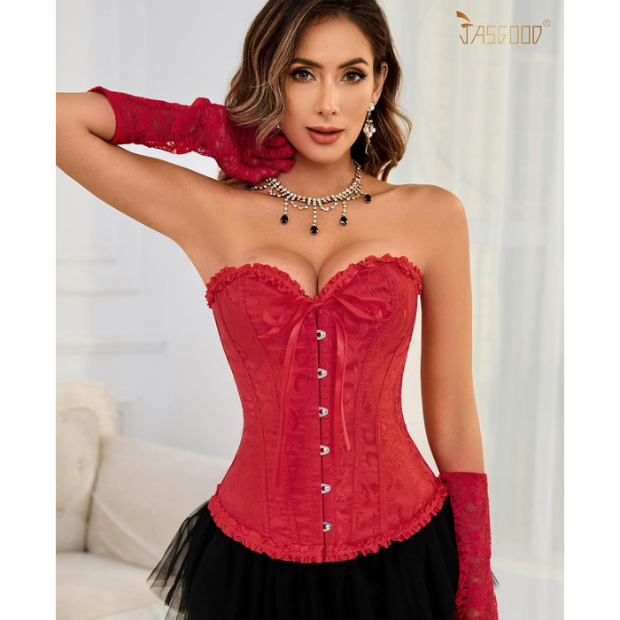 Корсетний топ-бюст'є JasGood Daen Vintage Gothic Overbust для повногрудих, шнурівка, червоний, XL — для Хелловіну та карнавалів