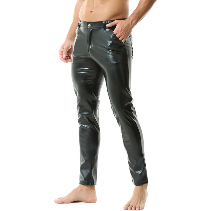 Чоловічі штани з екошкіри QiaTi - стильні прямі штани з еластичною тканини для мотоциклів та нічного клубу, чорного кольору, розмір L