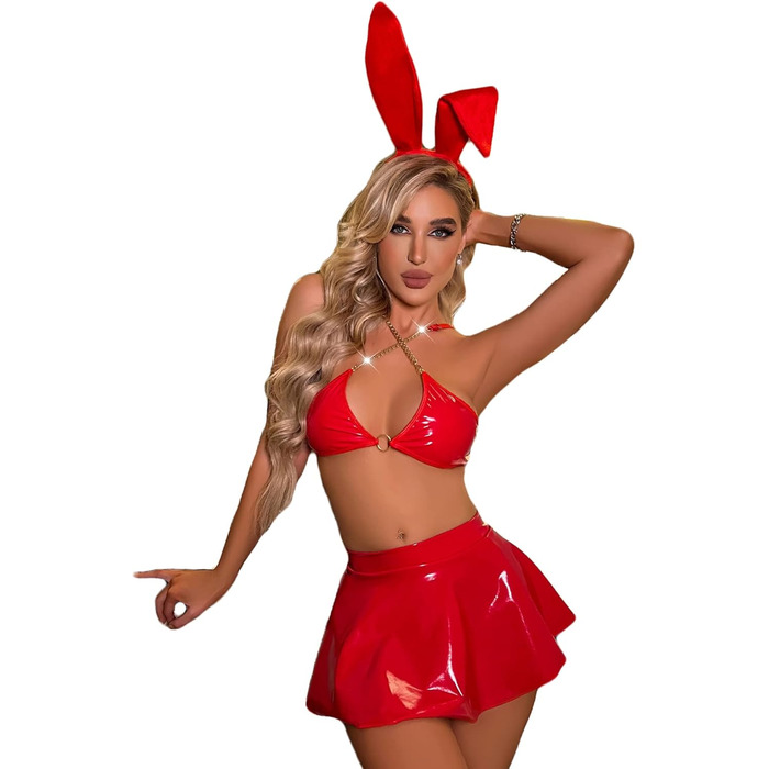 Костюм зайчика для жінок JasmyGirls: сексуальний косплей з мереживом, шкіра, бікіні, мереживний бюстгальтер та міні-спідниця (червоний, XS-M)