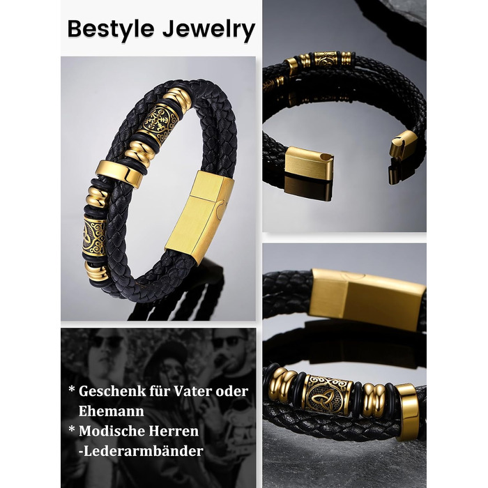 Шкіряний браслет для чоловіків Bestyle у стилі вікінгів з магнітною застібкою з нержавіючої сталі, плетеній аксесуар, колір золото, довжина 21 см