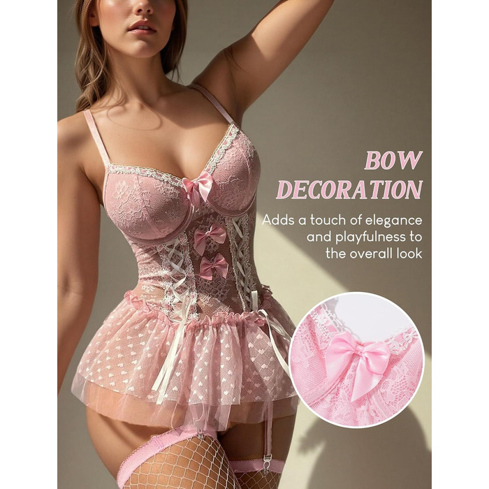 Комплект жіночої білизни FEOYA: мереживне боді, корсет, трусики, панчохи (рожевий, розмір L)