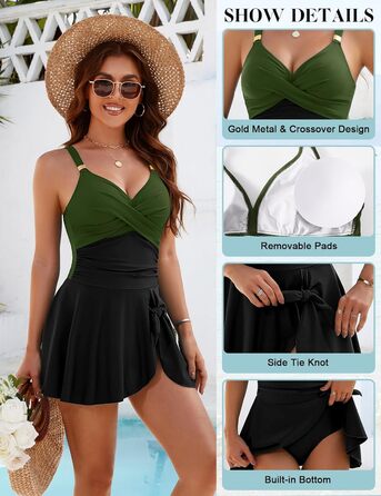 Купальник жіночий Badeanzug одноцільний з драпіруванням, животик, V-подібний виріз з підтримкою грудей, плаття для плавання Swimdress, літній, пляжний, чорно-зелений, XL