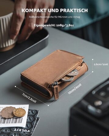 Чоловічий шкіряний картхолдер VULKIT з монетницею, вікном для ID та RFID/NFC захищеним алюмінієвим кейсом для 10 карток, Коричневий