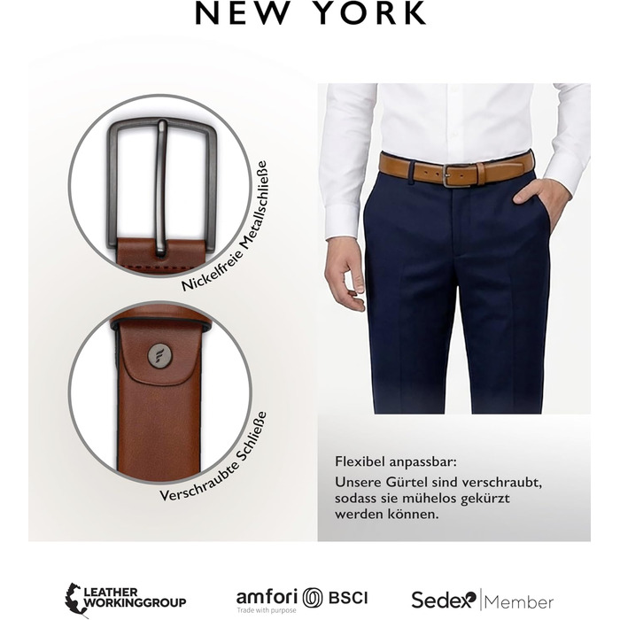 Чоловічий шкіряний ремінь FENIX NEW YORK Desert Cognac (95 см), ширина 35 мм, гіпоалергічна пряжка, регульований та екологічний, для костюма та джинсів