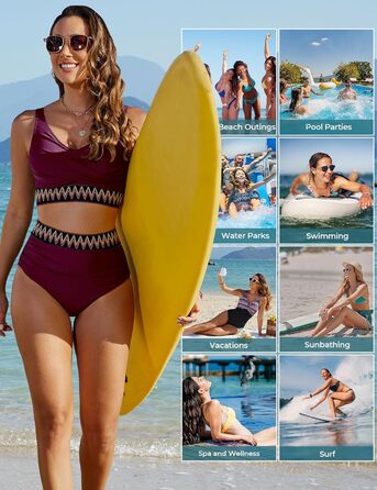 БІКІНІ жіночий комплект з високою талією, купальник з животом, двочастинний сексуальний V-подібний виріз, пуш-ап бікіні, кольоровий смугастий, великі розміри, бікіні для пляжу (пурпурно-червоний, L)