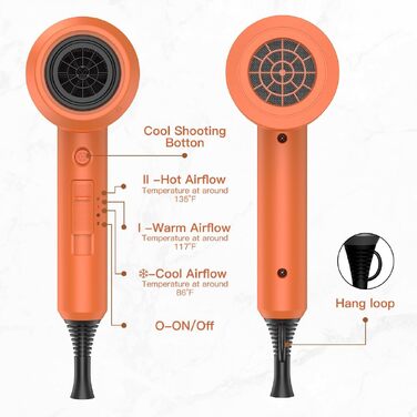 Іонний фен для волосся slopehill 1800W з AC-мотором, дифузором та вузьким соплом, 3 температурних та 2 швидкісних режими, фіолетовий/помаранчевий