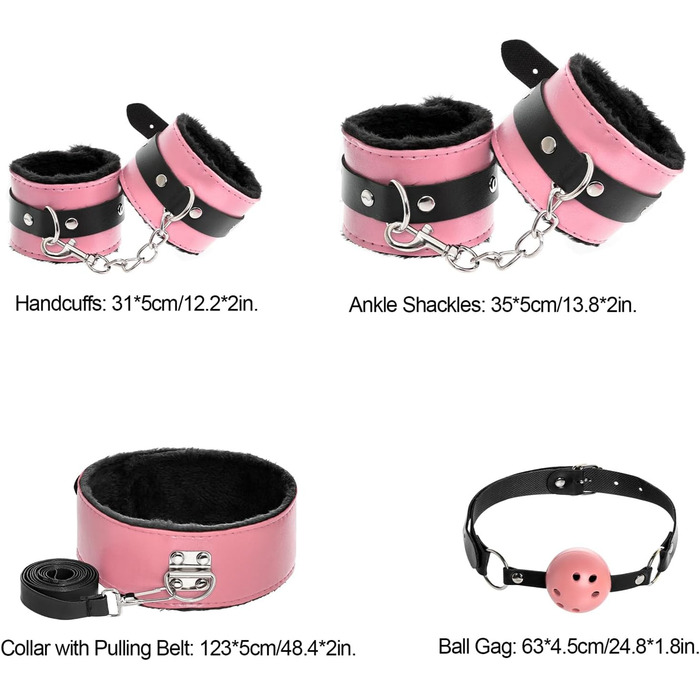 Набір для БДСМ зв'язування (12 предметів): наручники, фіксатори для щиколоток, анальний плагін, клямки для сосків, м'ячик-кнебель, перо-піксель, маска для очей, батіг, лопатка, бавовняне мотузка (рожевий та чорний)