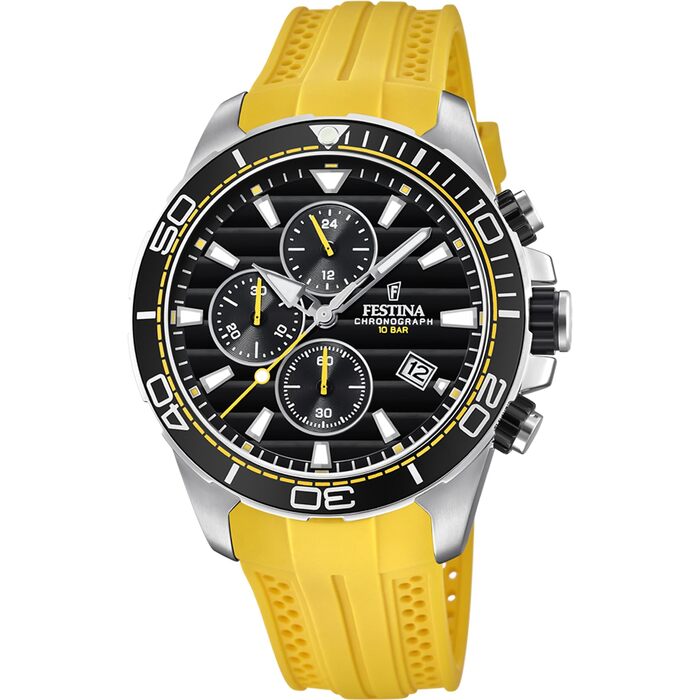 Чоловічий спортивний годинник-хронограф Festina F20370: кварцовий механізм, гумовий ремінець, водонепроникність 10 ATM, жовтий