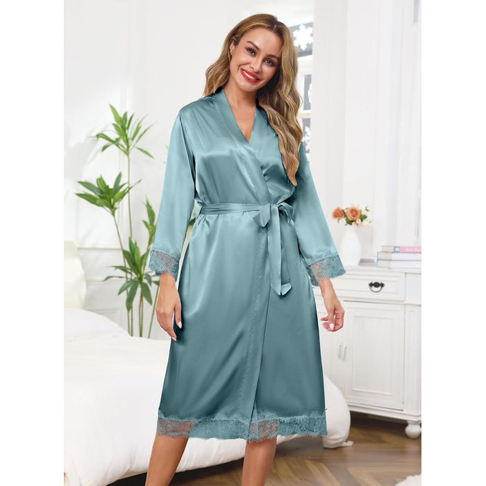 Жіночий халат Lovasy Satin Kimono з мереживом, довгий, колір сіро-зелений, розмір M