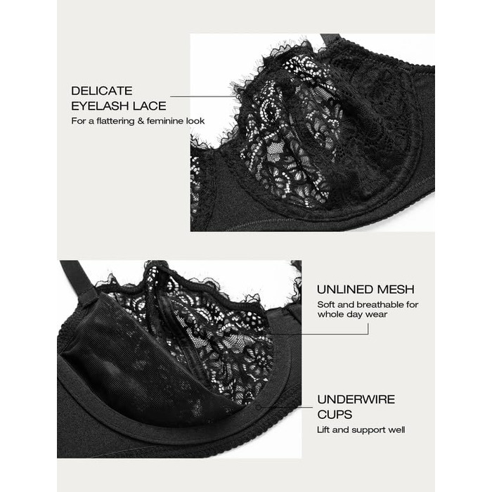 Балконний бюстгальтер Deyllo з пуш-ап та кісточками, мереживний Dirndl, великі розміри, м'які чашки, Bralette, глибокий виріз, чорний, 90B