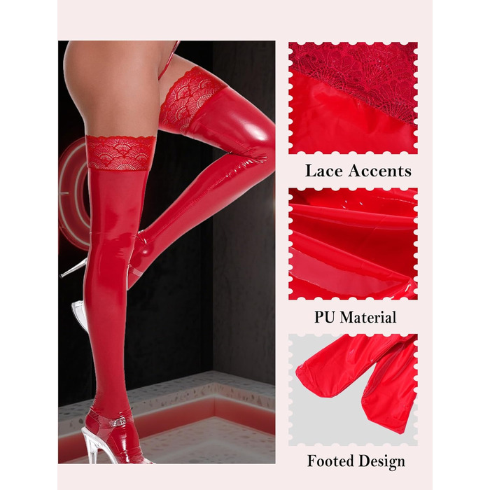 Чулки-шкарпетки Overknee з мереживом, червоні, XL. Сексуальні, антиковзаючі панчохи для дорослих.