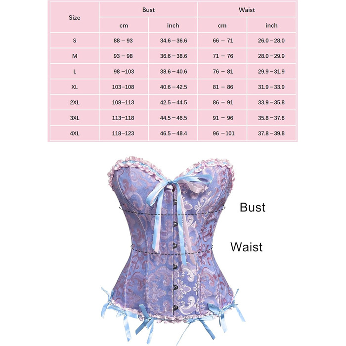 Корсет жіночий повномірний корсаж корсет топ готичний вінтажний корсаж сатиновий квітковий з кісточками бюстєль корсет топ для Хелловіну та карнавалу S-4XL блакитно-рожевий 4XL