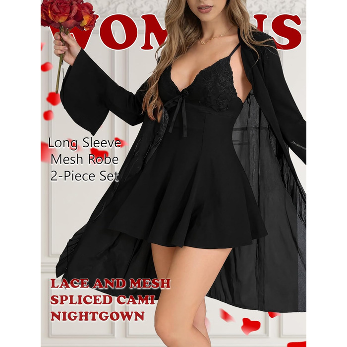 Жіночий комплект білизни AIEOE: мереживний халат-бандаж, нічна сорочка, babydoll, чорний