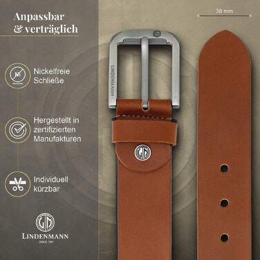Шкіряний ремінь чоловічий LINDENMANN, натуральна шкіра, коньячний, ширина 33 мм, довжина 120 см (розмір XL)