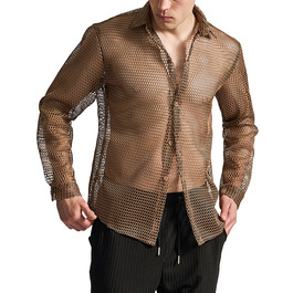 Чоловіча сітчаста сорочка з довгим рукавом AIEOE, сітчаста сорочка Fishnet, прозора футболка з м'язами, сорочка на ґудзиках, сітчаста сорочка, S-XXL, коричнева XL