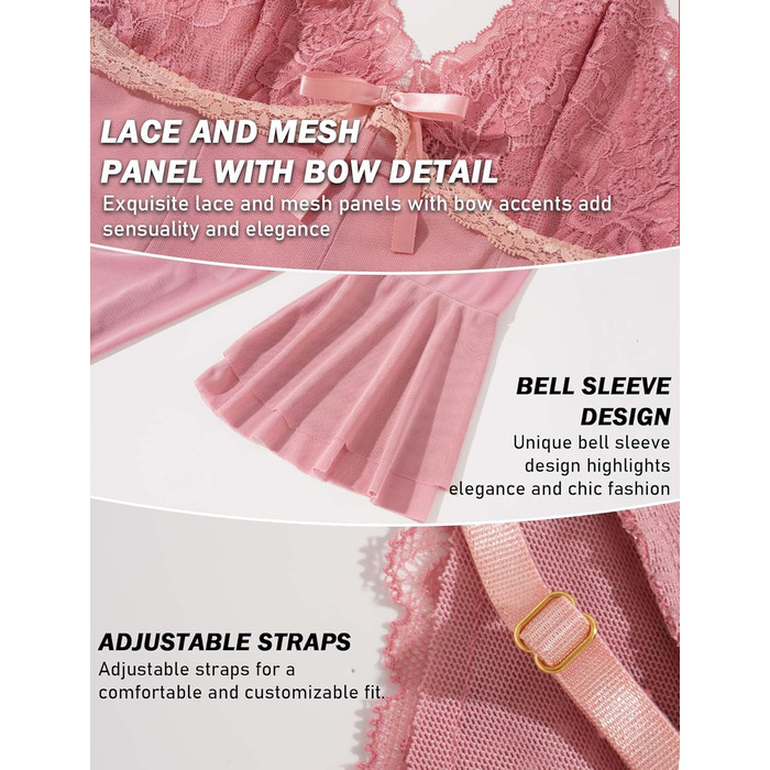 Комплект жіночої білизни AIEOE: мереживний халат-сорочка та нічна сорочка (рожевий, S)