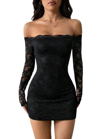 Сукня SweatyRocks з мереживом, чорна: елегантна міні з довгим рукавом, готичний стиль, сексуальний дизайн, без бретелек, для вечірок та фестивалів