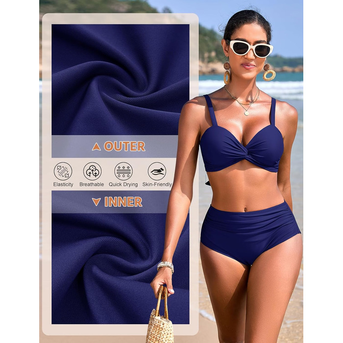 Бікіні жіночий комплект з високою талією, суцільний купальник push-up, двокомпонентний, з V-подібним вирізом, пляжна мода, бікіні для жінок (темно-синій, S)