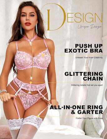 Комплект жіночої білизни RSOVE: мереживний бюстгальтер, труси-стрінг та панталони-стрінг, світло-рожевий (S)