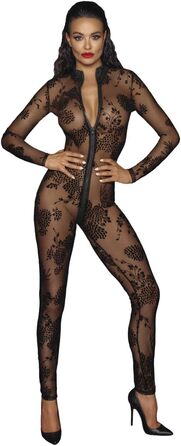 Чорний прозорий жіночий комбінезон з мереживом, ручної роботи, з блискавкою та довгими рукавами, XL