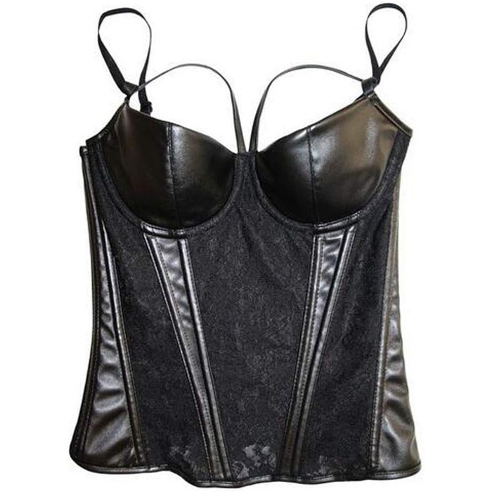 Корсет- бюстгальтер Чені в стилі стимпанк готичний з мережива та штучної шкіри, чорний, розмір S-6XL