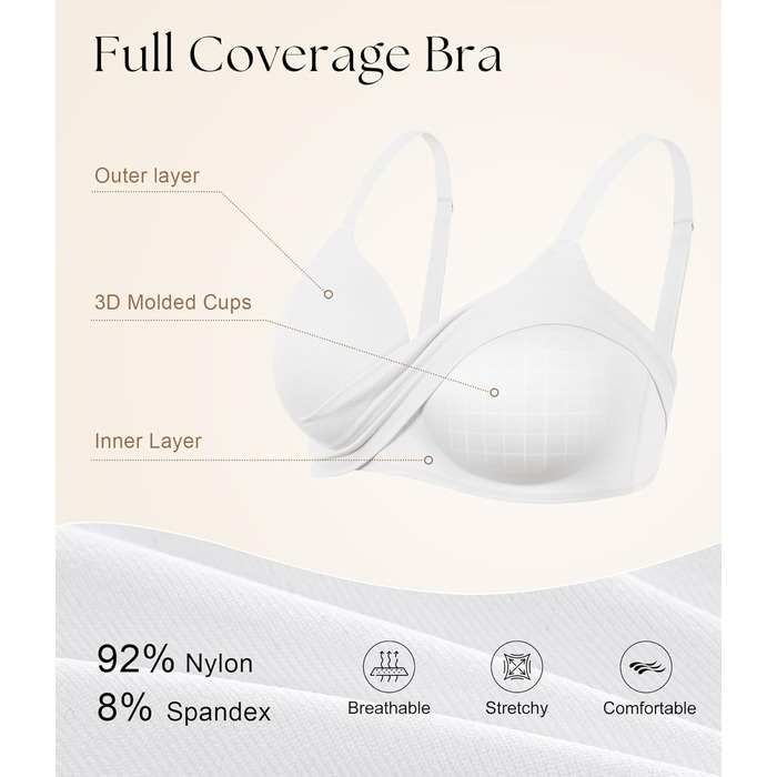 Натлоен ПУХ Up BH: Безкаркашний бюстгальтер для жінок з м'якою підтримкою, подвійний шар чашки, V-подібний виріз, надійний бюстгальтер (Білий, XXL)