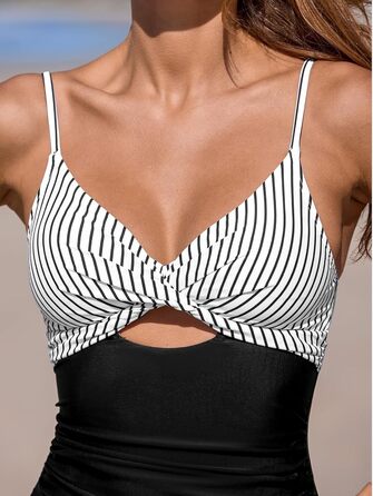 CUPSHE купальник з вирізом, ефект зав'язування, прихована талія, з декоративними вставками, цілісний, чорно-білий, в смужку (M)