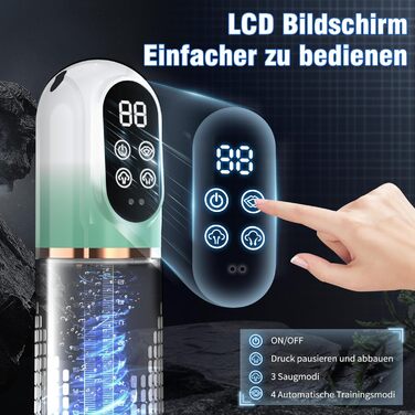 Пумпа для збільшення пеніса HIVEFUN: 4 режими всмоктування, 3 автоматичні тренувальні, водонепроникна (IPX7), сірий/зелений