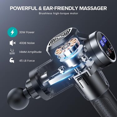 Перкусійний масажер ANSGEC Massage Gun: електричний пістолет для глибокого масажу м'язів, 30 рівнів швидкості, 8 насадок, для шиї та спини