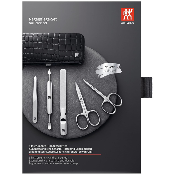 Манікюрний набір ZWILLING Kroko Edition (5 предметів) для нігтів рук та ніг, нержавіюча сталь, шкіряний футляр, чорний